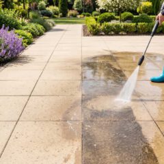 A person wearing blue boots uses a pressure washer to clean a tile walkway in a garden, with visible contrast between cleaned and dirty areas.