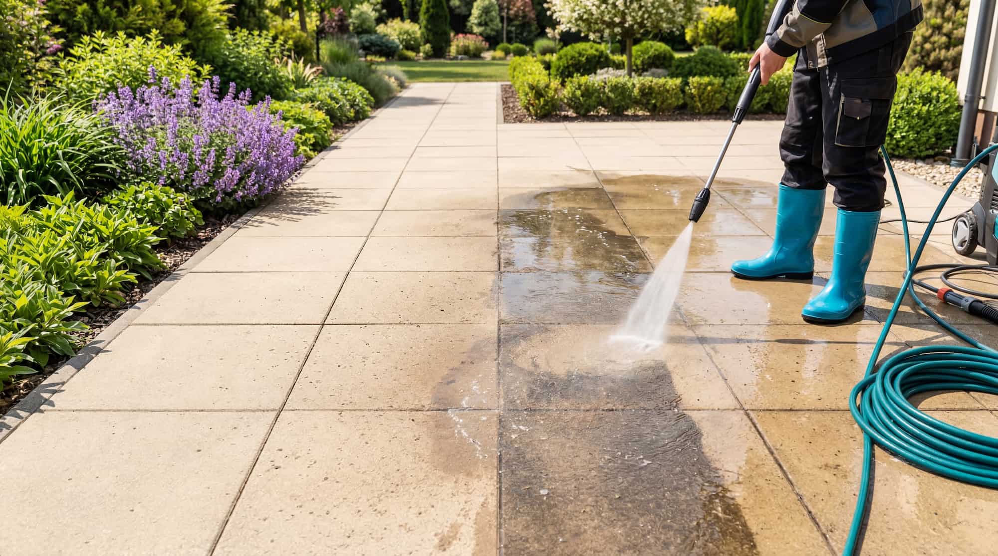 A person wearing blue boots uses a pressure washer to clean a tile walkway in a garden, with visible contrast between cleaned and dirty areas.